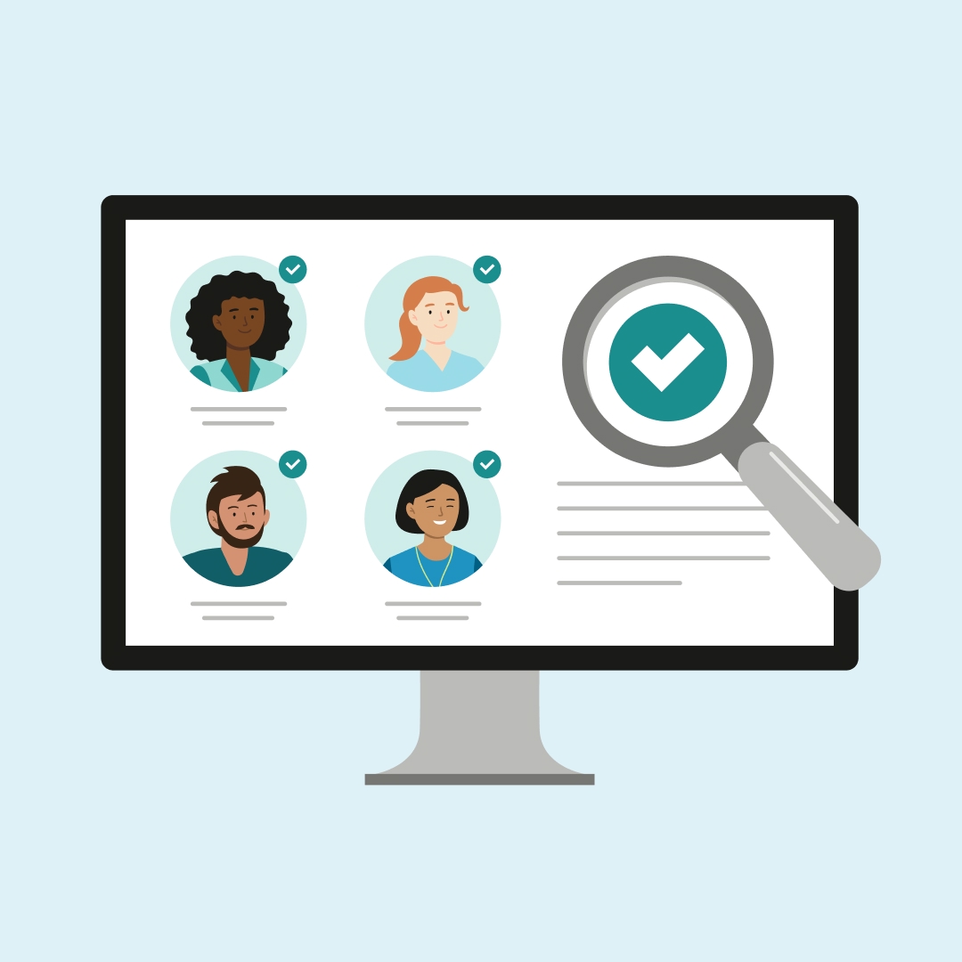 An illustration of a desktop monitor displaying nurse profiles with a magnifying glass.