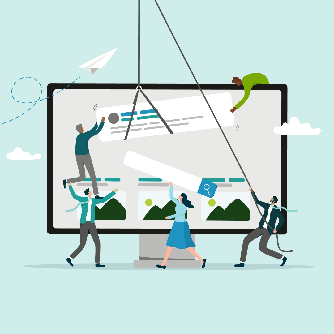 An illustration of miniature-sized people moving elements of a webpage around