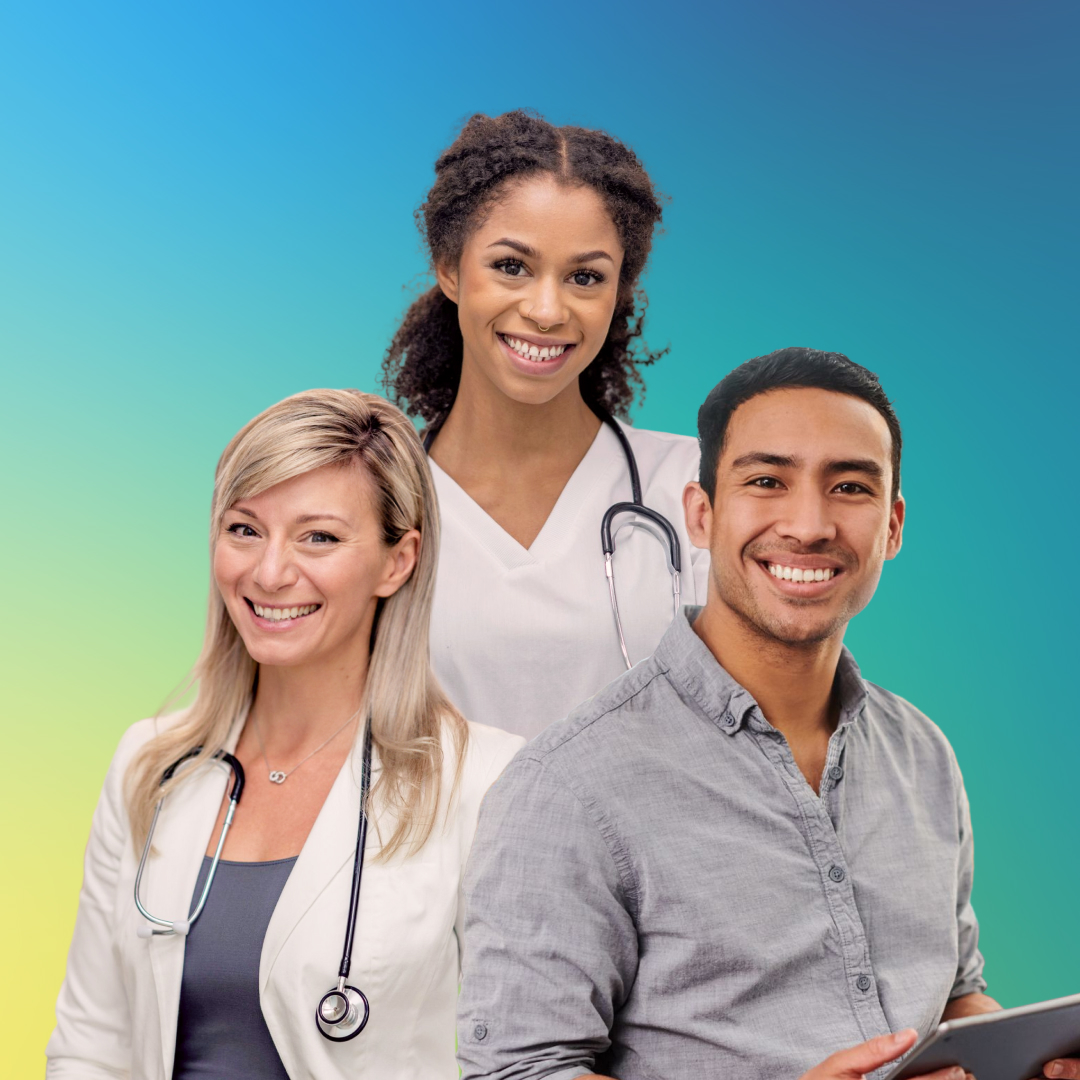 A group of nurse practitioners. They are diverse in age, gender identity, ethnicity and professional attire.