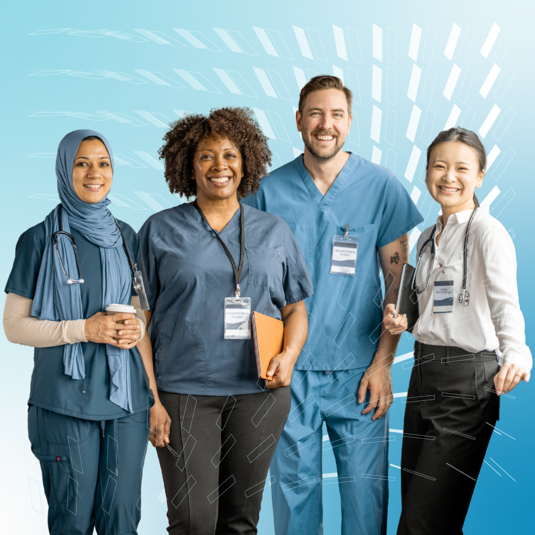 A group of of diverse nurses. Diverse in Age, gender identity, ethnicity and professional attire.