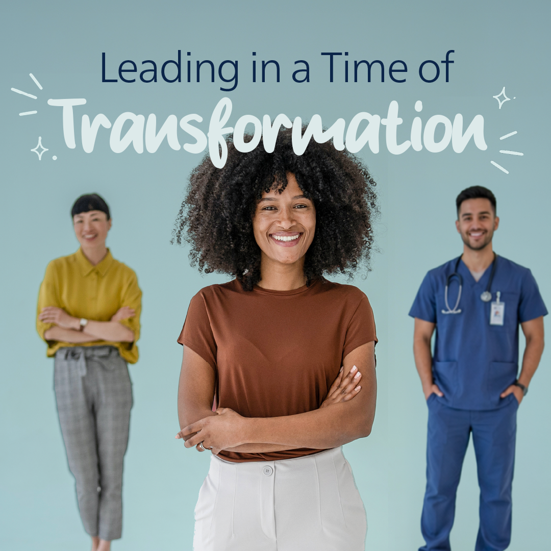 Cover of the College of Nurses of Ontario's 2025 Annual Report, Leading in a Time of Transformation. A smiling woman [in casual attire] stands confidently in the foreground with her arms crossed, while [a woman in office attire and a man in scrubs] stand behind her.
