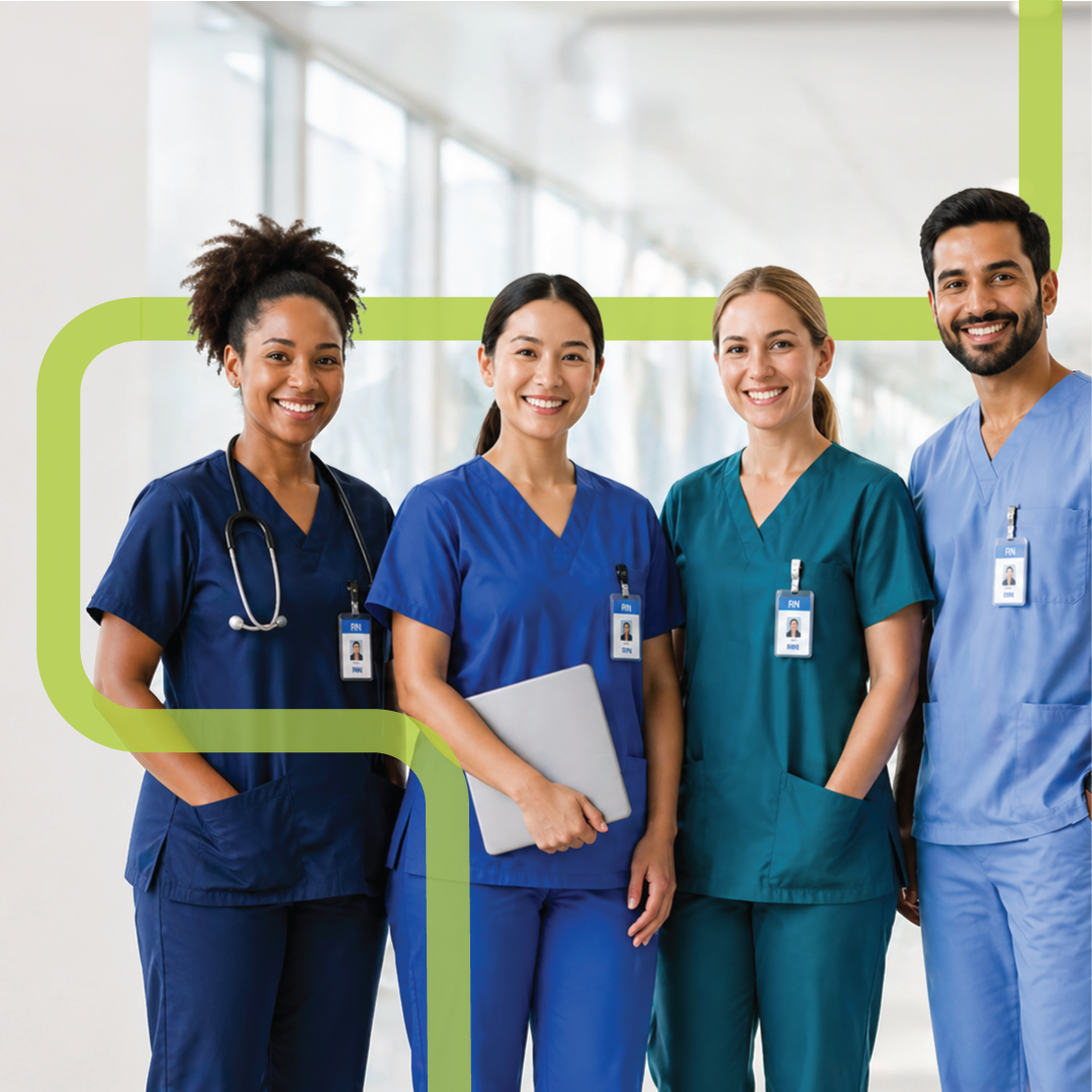 Nurses in clinical uniforms in a hospital setting.