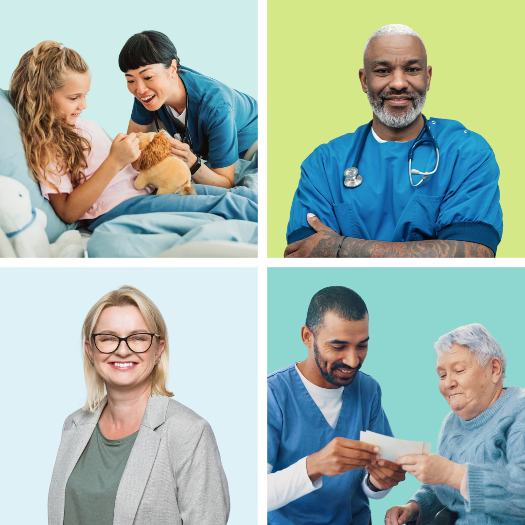 A collage of a diverse group of nurses and patient interactions.