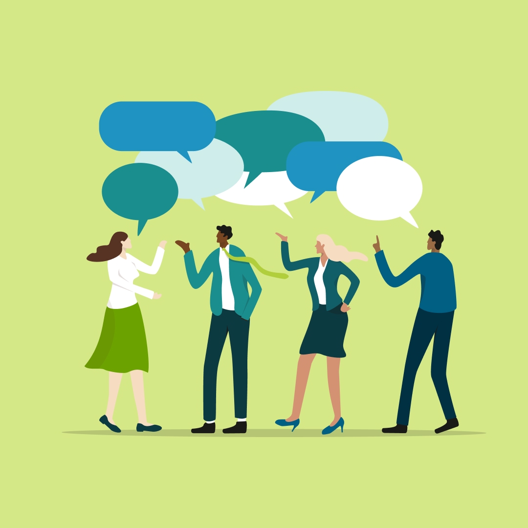 Une illustration de quatre personnes ayant une discussion avec huit bulles de discours au-dessus d'eux.
