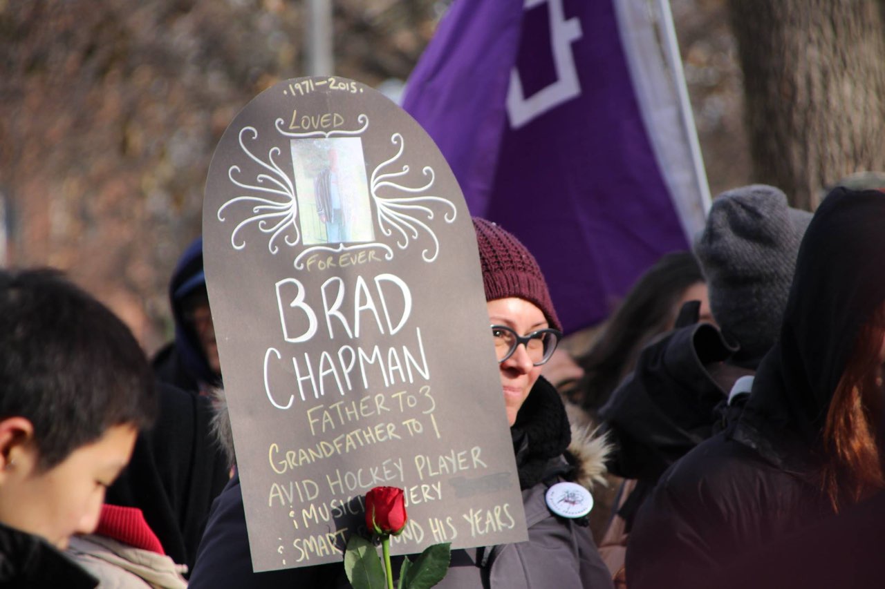 Dr. Chapman at a Moss Park overdose memorial march and rally in Winter 2017 in Toronto, where she remembered her late brother. Dr. Chapman at a Moss Park overdose memorial march and rally in Winter 2017 in Toronto, where she remembered her late brother.